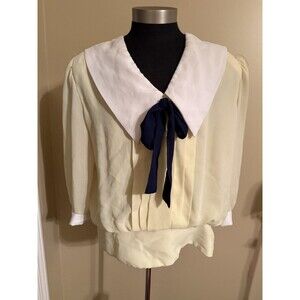 Vintage 70-80 Sailor Collar Pale Yellow White Collar Navy Blue Bow Blouse Size L